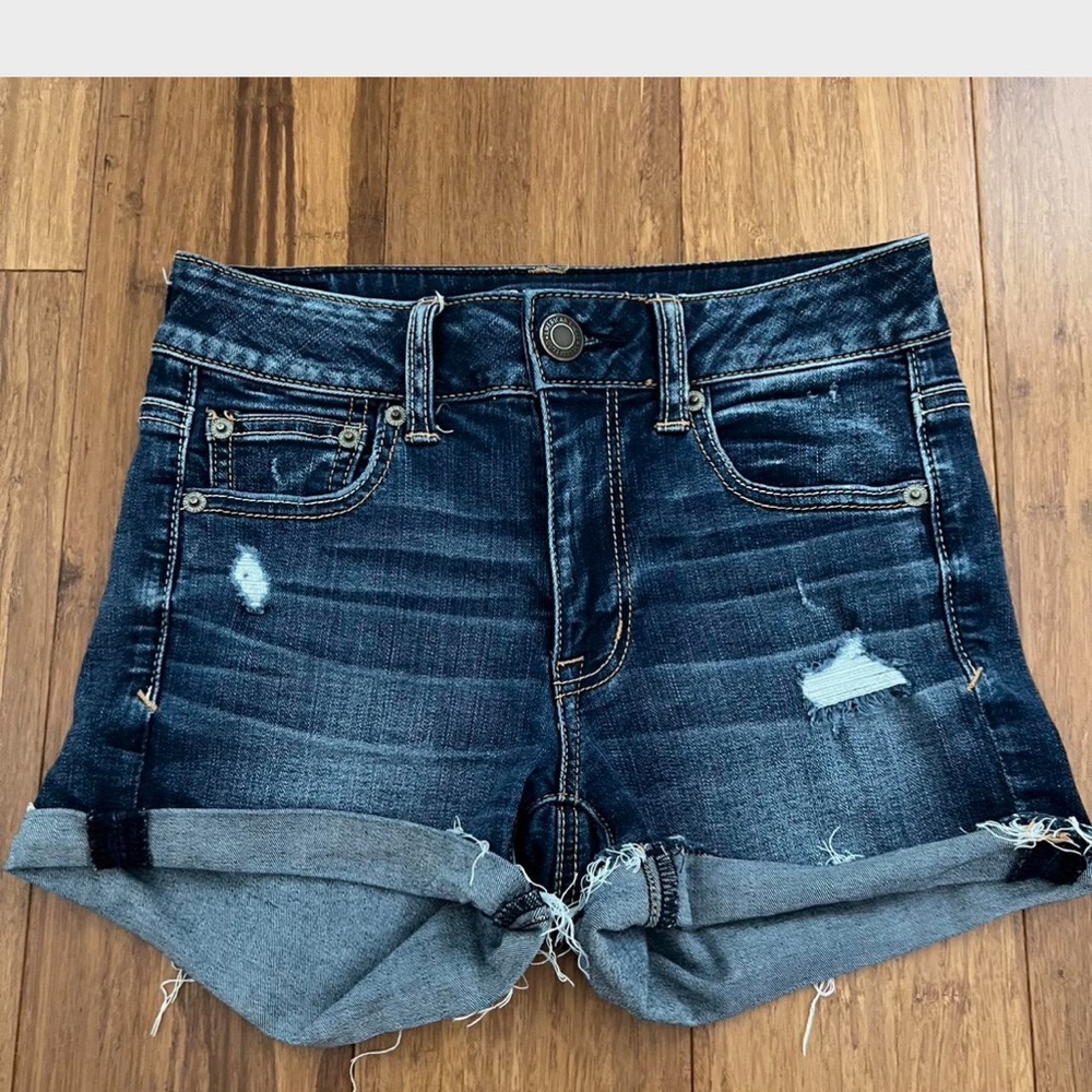 American Eagle Outfitters Dark Blue Distressed Jean Shorts